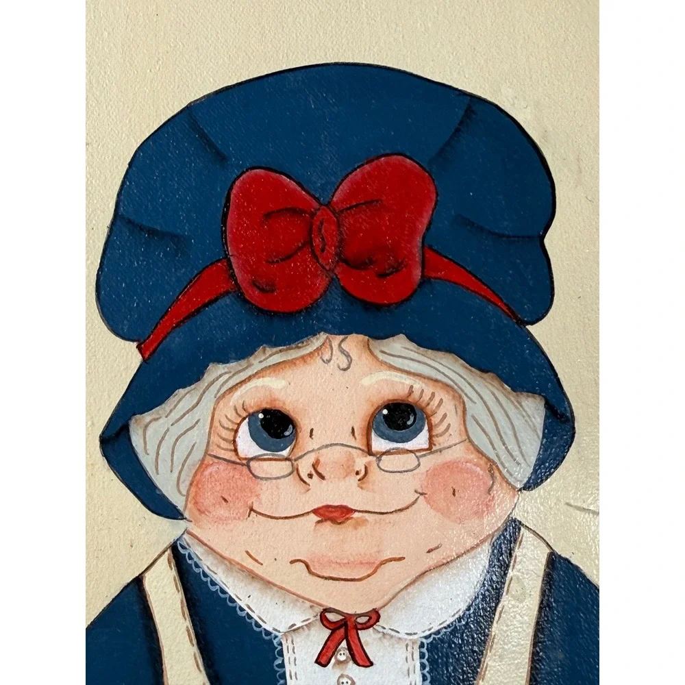 Vintage Hand Painted Folk Art Wooden Plaque Grandmother with Apple Basket 16in